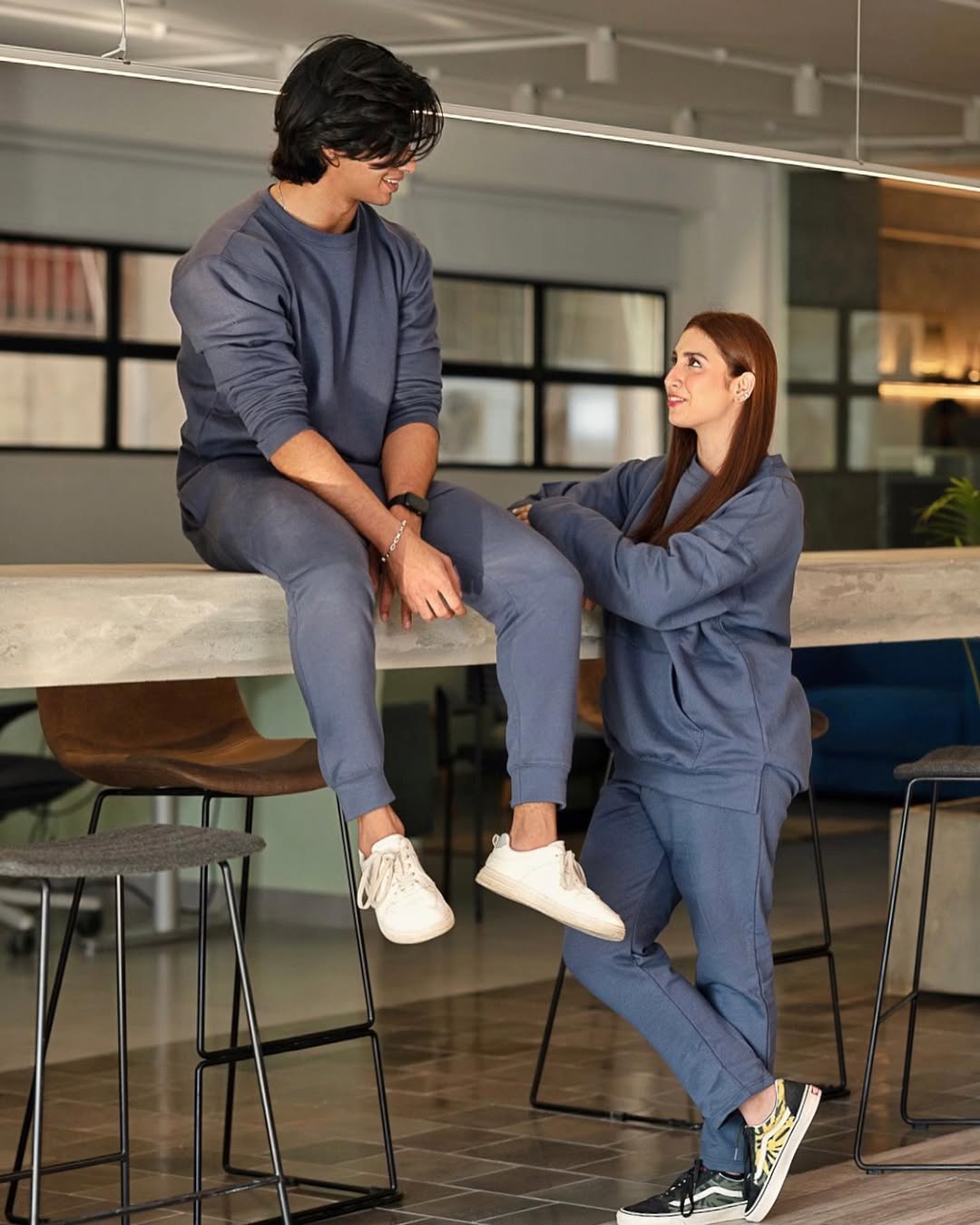 Blue Melange Sweat Set Loose Fit