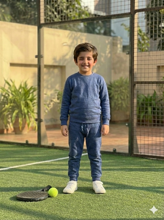 Blue Melange Fleece Sweat Set Kids